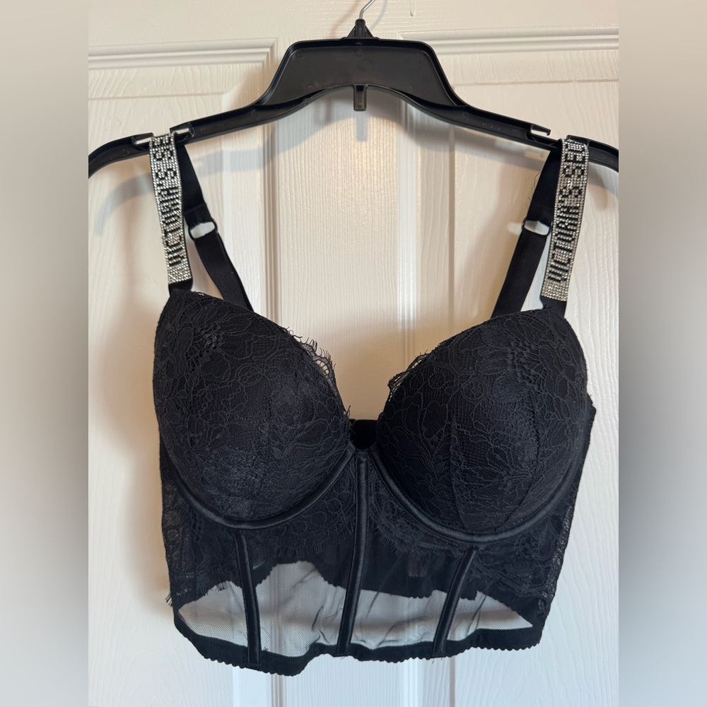 Victoria’s Secret Black Rhinestone Lingerie Pushup Corset Bra 36 DD